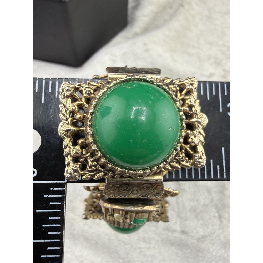 Vintage Victorian Revival Bracelet Green Stones Panel Gold Tone READ - Picture 8 of 12